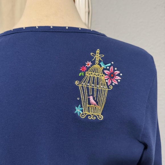 Vintage Quacker Factory Navy Top with Beautiful Birdcage Embroidery 3/4 Sleeve M - Picture 6 of 13